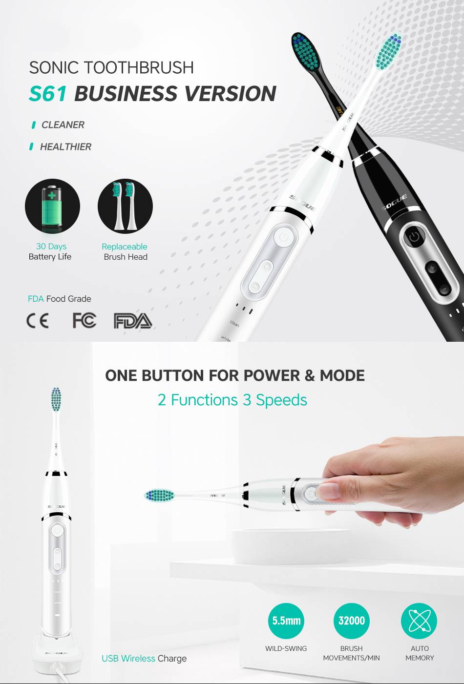 USB Charge 3 Speeds Electric Toothbrush