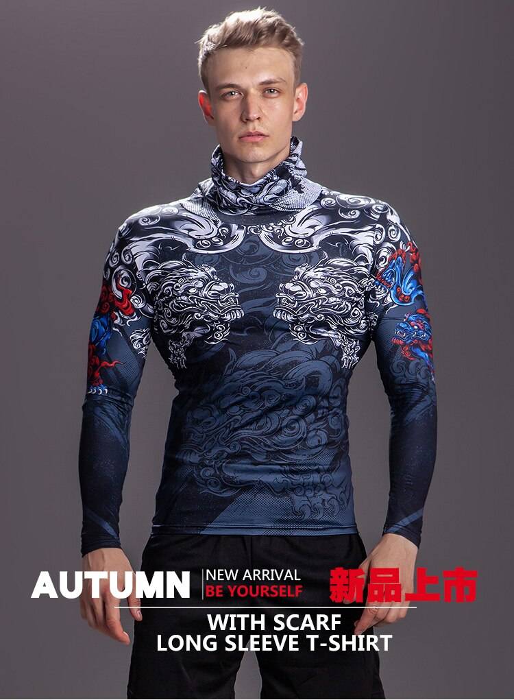 Men's High Collar With Mask Compression 3D T shirt