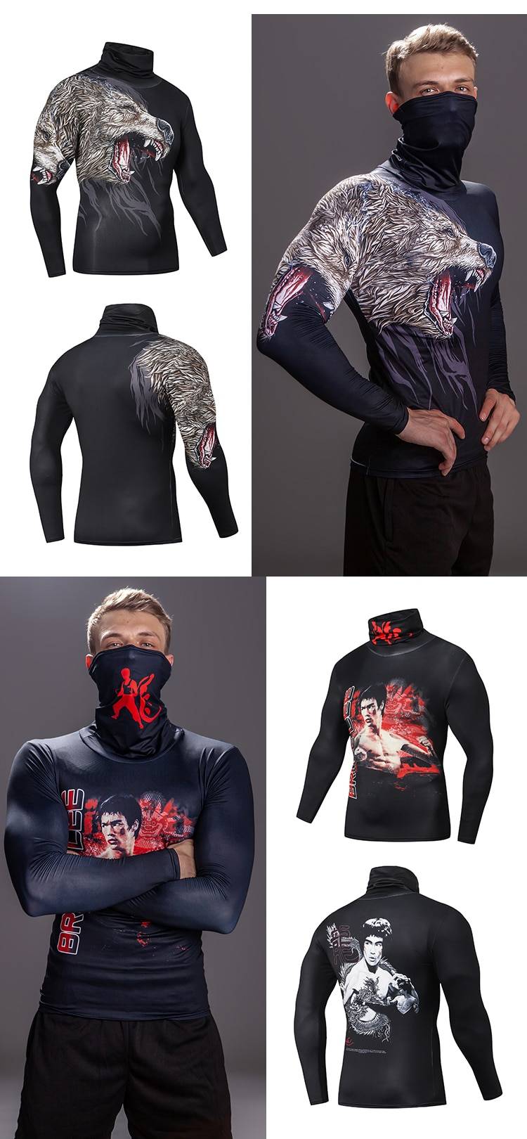 Men's High Collar With Mask Compression 3D T shirt