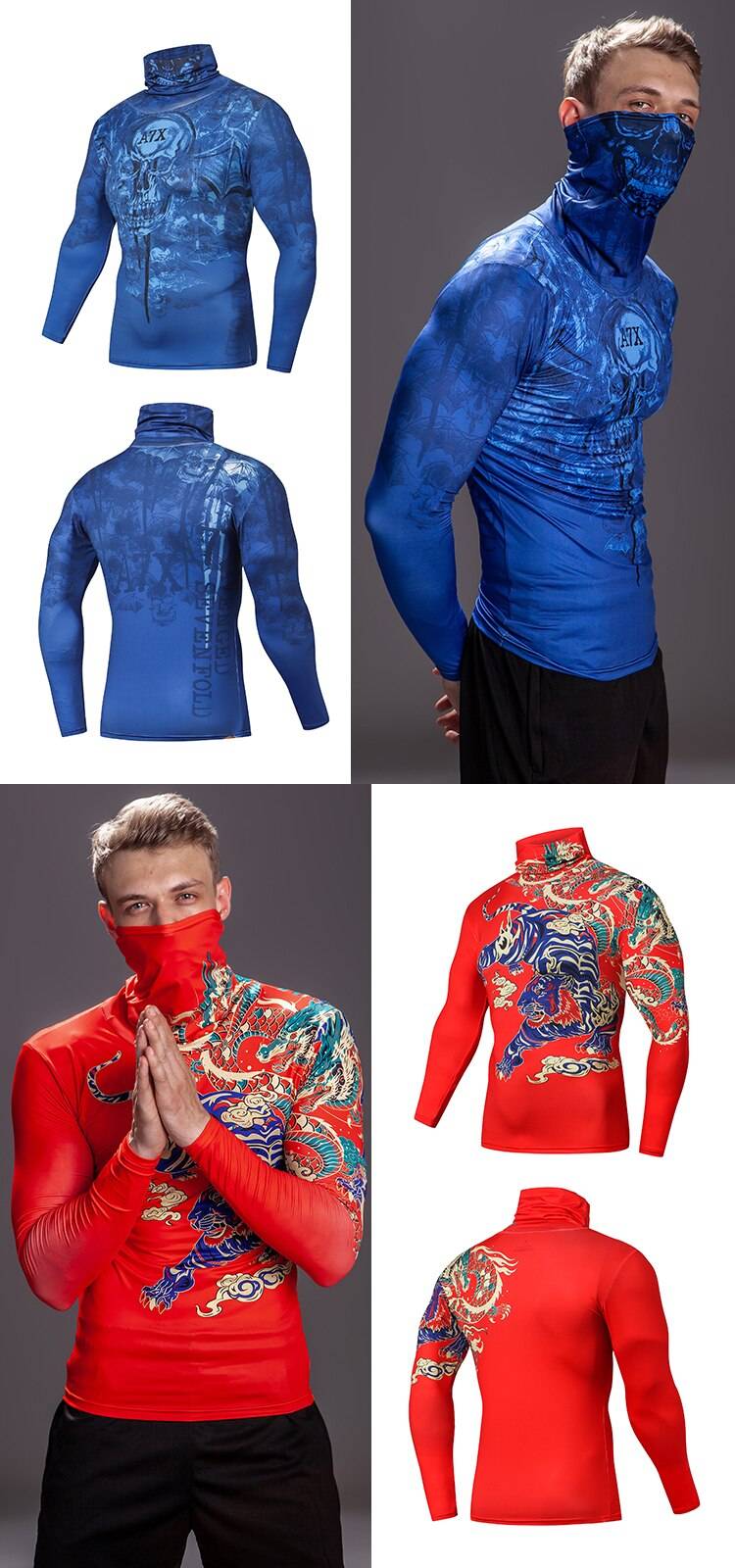 Men's High Collar With Mask Compression 3D T shirt