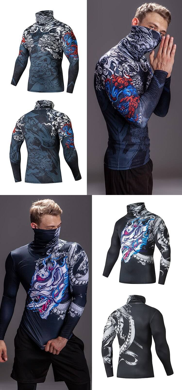 Men's High Collar With Mask Compression 3D T shirt