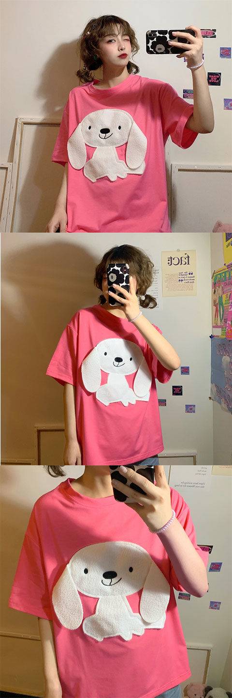 QWEEK Korean Style Tshirt Women 2021 Fashion Embroidery Cartoon Dog Women T Shirt Loose Casual Tops Kawaii Pink T Shirt Women QWEEK Korean Style Tshirt Women 2021 Fashion Embroidery Cartoon Dog Women T Shirt Loose Casual Tops Kawaii Pink T Shirt Women