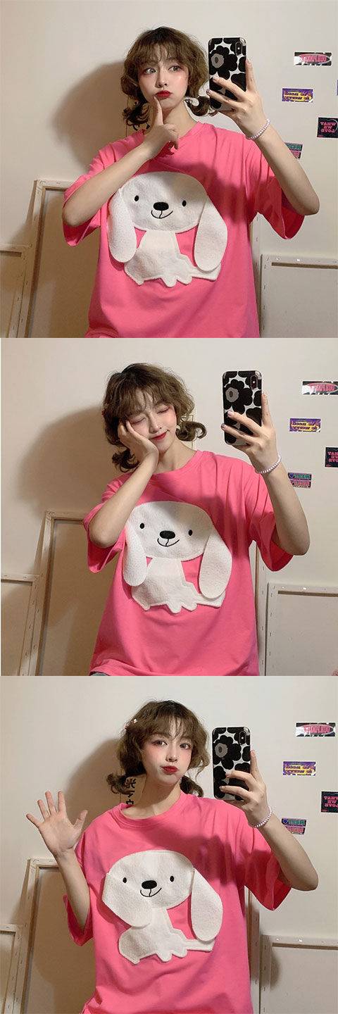 QWEEK Korean Style Tshirt Women 2021 Fashion Embroidery Cartoon Dog Women T Shirt Loose Casual Tops Kawaii Pink T Shirt Women QWEEK Korean Style Tshirt Women 2021 Fashion Embroidery Cartoon Dog Women T Shirt Loose Casual Tops Kawaii Pink T Shirt Women