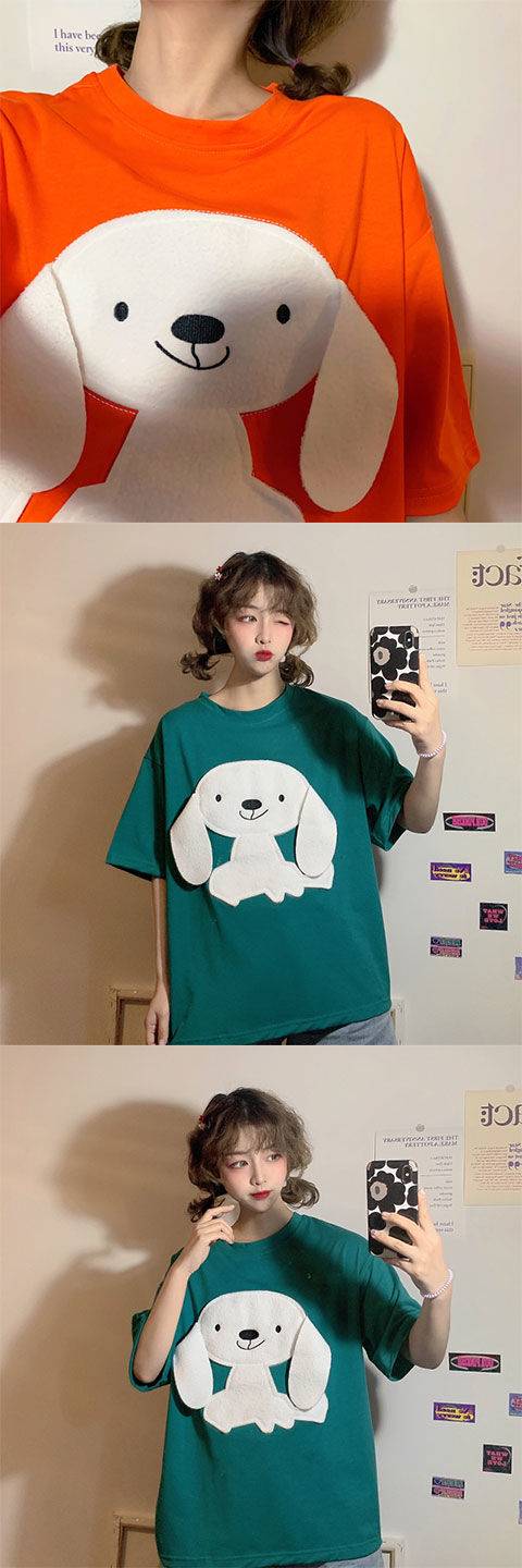 QWEEK Korean Style Tshirt Women 2021 Fashion Embroidery Cartoon Dog Women T Shirt Loose Casual Tops Kawaii Pink T Shirt Women QWEEK Korean Style Tshirt Women 2021 Fashion Embroidery Cartoon Dog Women T Shirt Loose Casual Tops Kawaii Pink T Shirt Women