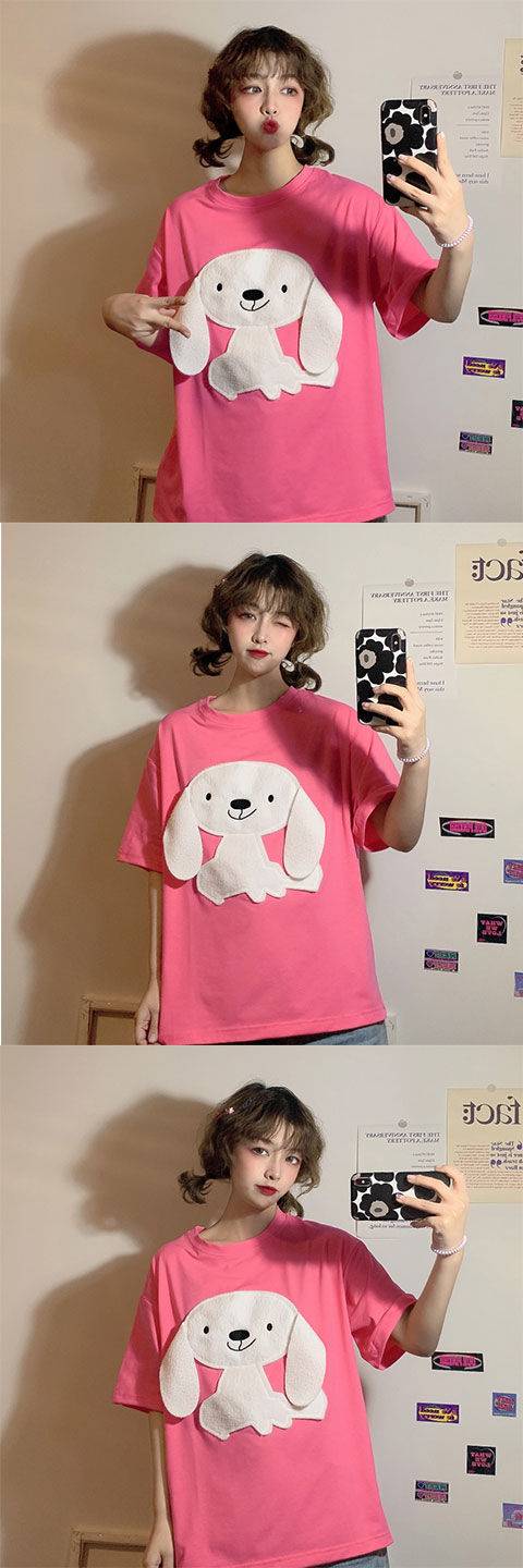 QWEEK Korean Style Tshirt Women 2021 Fashion Embroidery Cartoon Dog Women T Shirt Loose Casual Tops Kawaii Pink T Shirt Women QWEEK Korean Style Tshirt Women 2021 Fashion Embroidery Cartoon Dog Women T Shirt Loose Casual Tops Kawaii Pink T Shirt Women