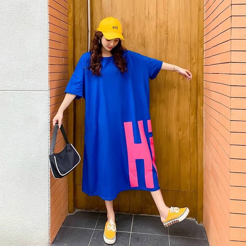 Home Oversized T Shirt Dress Women Summer 2021 Casual Plus Size Loose 'Hi ' Midi Dresses Short Sleeve H Cut Long Tee Shirt